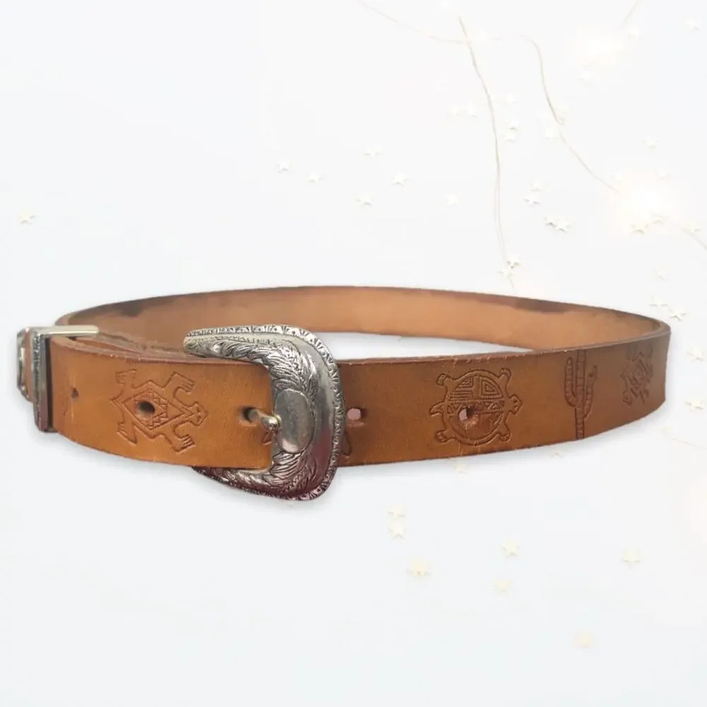 Vintage 80s Kids Debossed Custom Stacey Tan Western Cowboy Leather Rodeo Belt